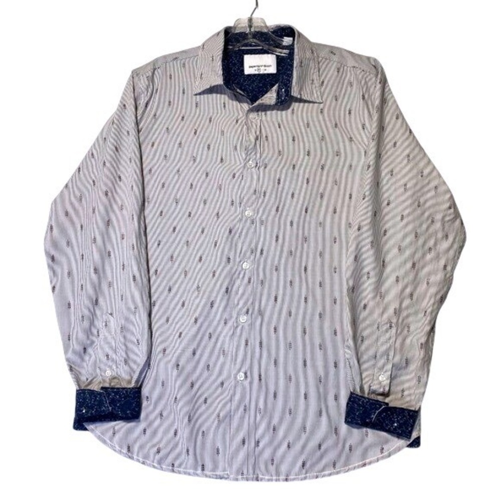 Paper Denim & Cloth Mens Medium Button Front Shirt Blue White Stripe Ikat Print